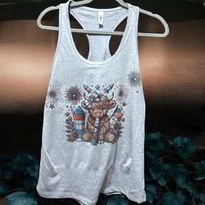 New Custom Patriotic Highland Cow Racerback Tank Top